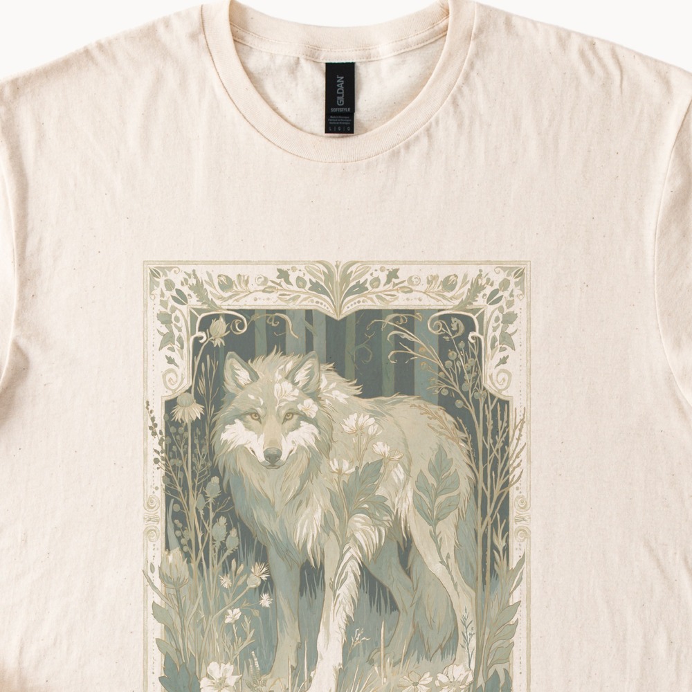 Mystical Wolf Botanical Graphic Tee Art Nouveau Floral Design